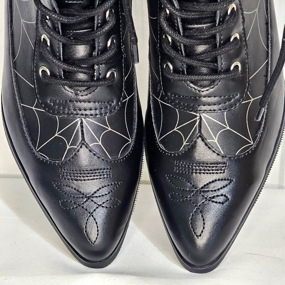 Black Victorian 8-Eye Spiderweb Pointed Anarchic Heel Boots Witch Spider Booties - Picture 3 of 11